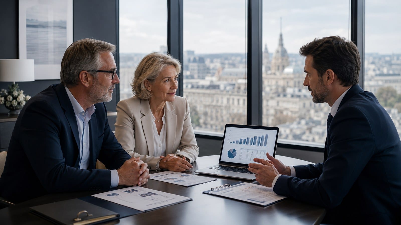 Conseiller en gestion de patrimoine presentant un contrat de capitalisation a un couple de clients