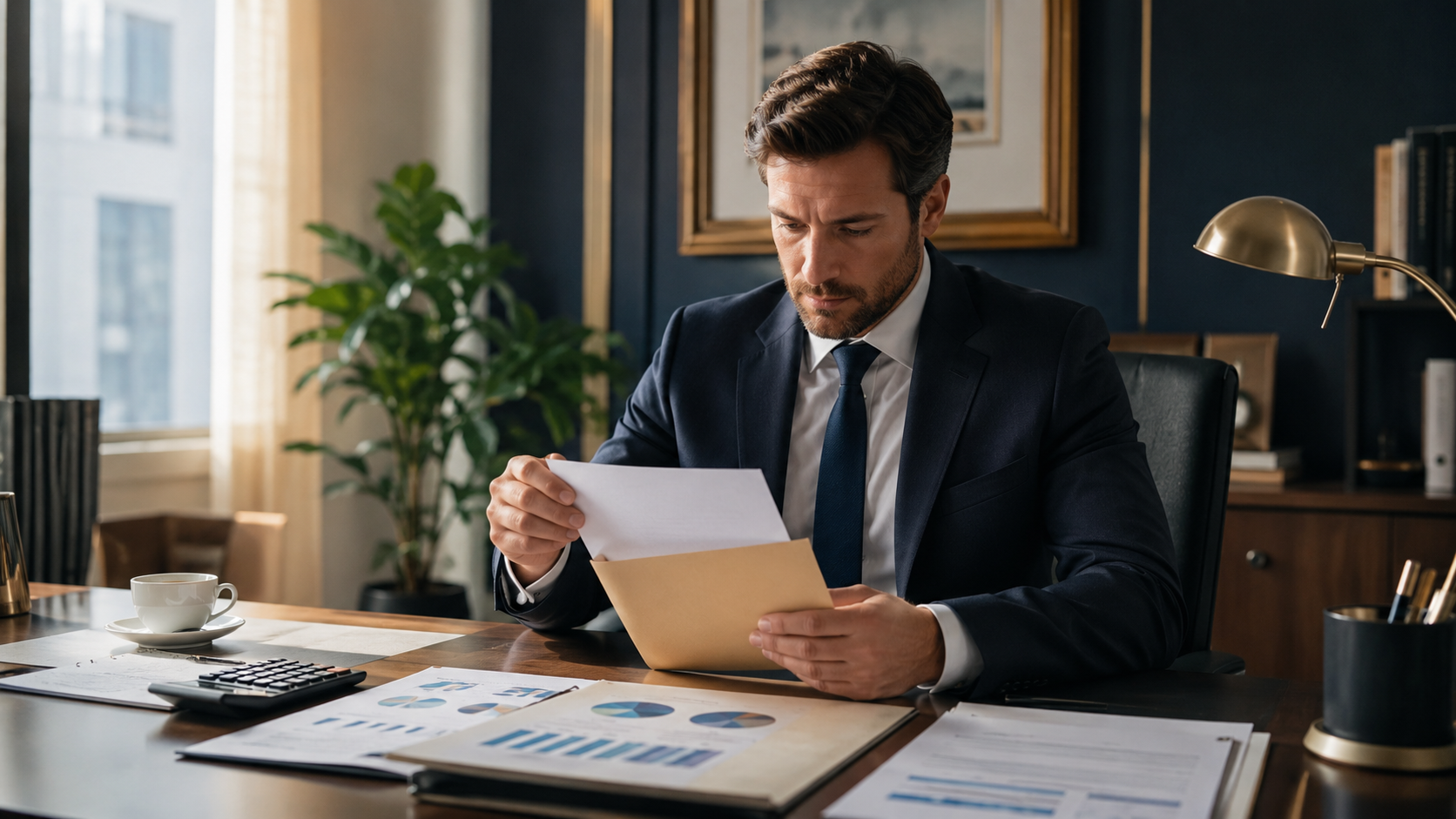 Salarié ouvrant un avis d'option d'épargne salariale dans un bureau de gestion de patrimoine