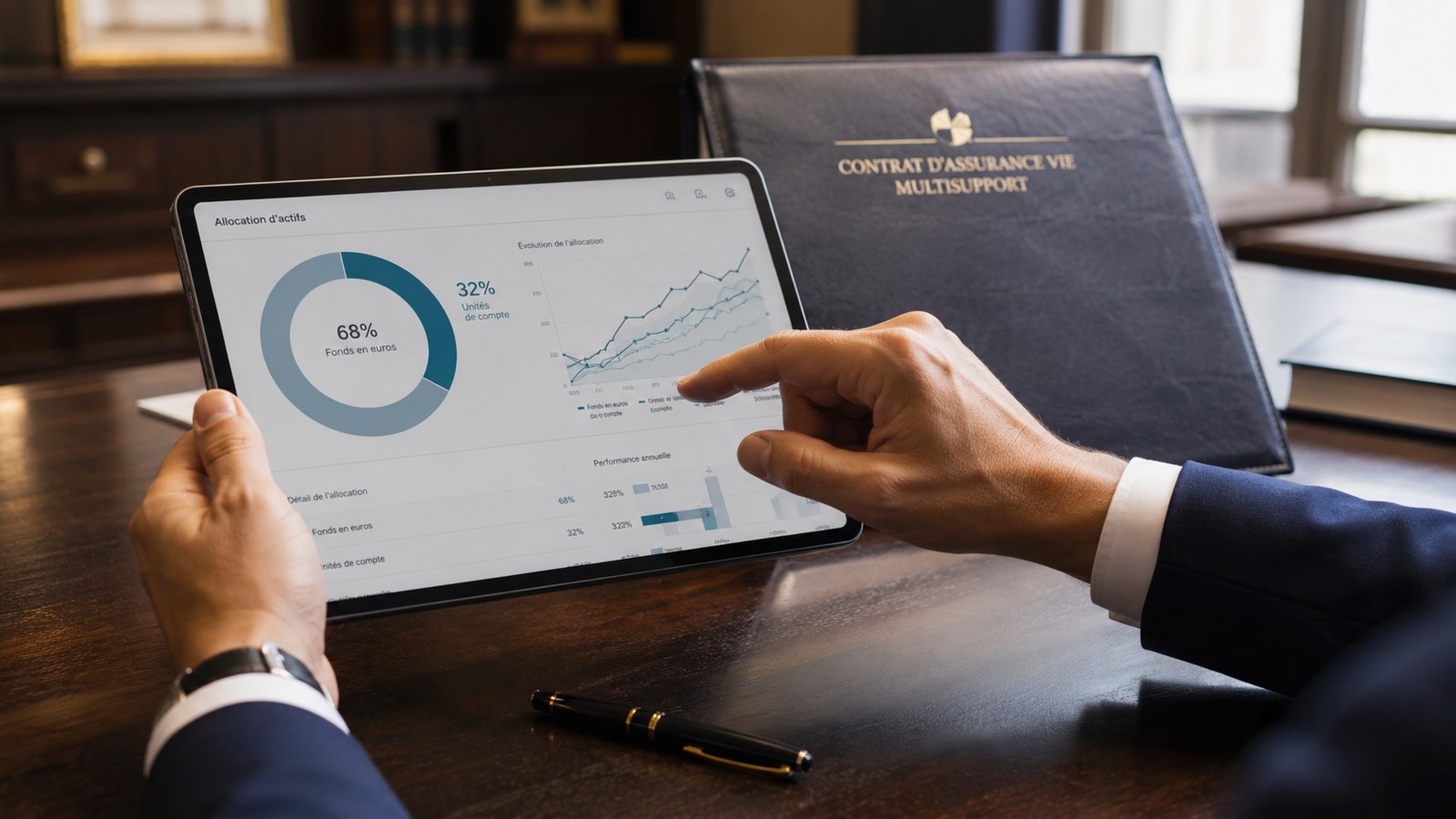 Gestionnaire de patrimoine analysant l'allocation d'un contrat d'assurance vie multisupport