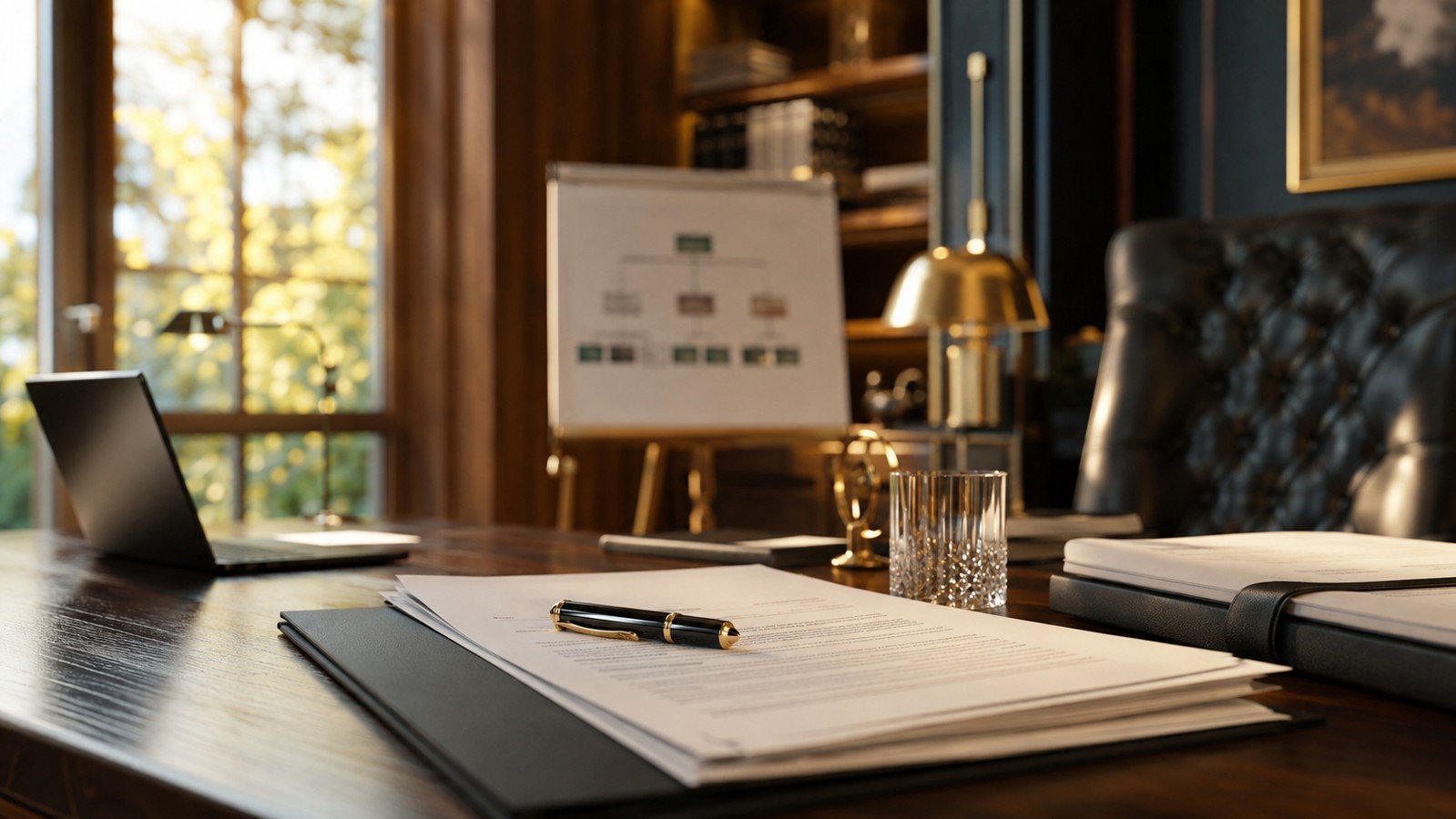 Bureau d'un cabinet de gestion de patrimoine avec statuts de holding patrimoniale et organigramme de societe mere