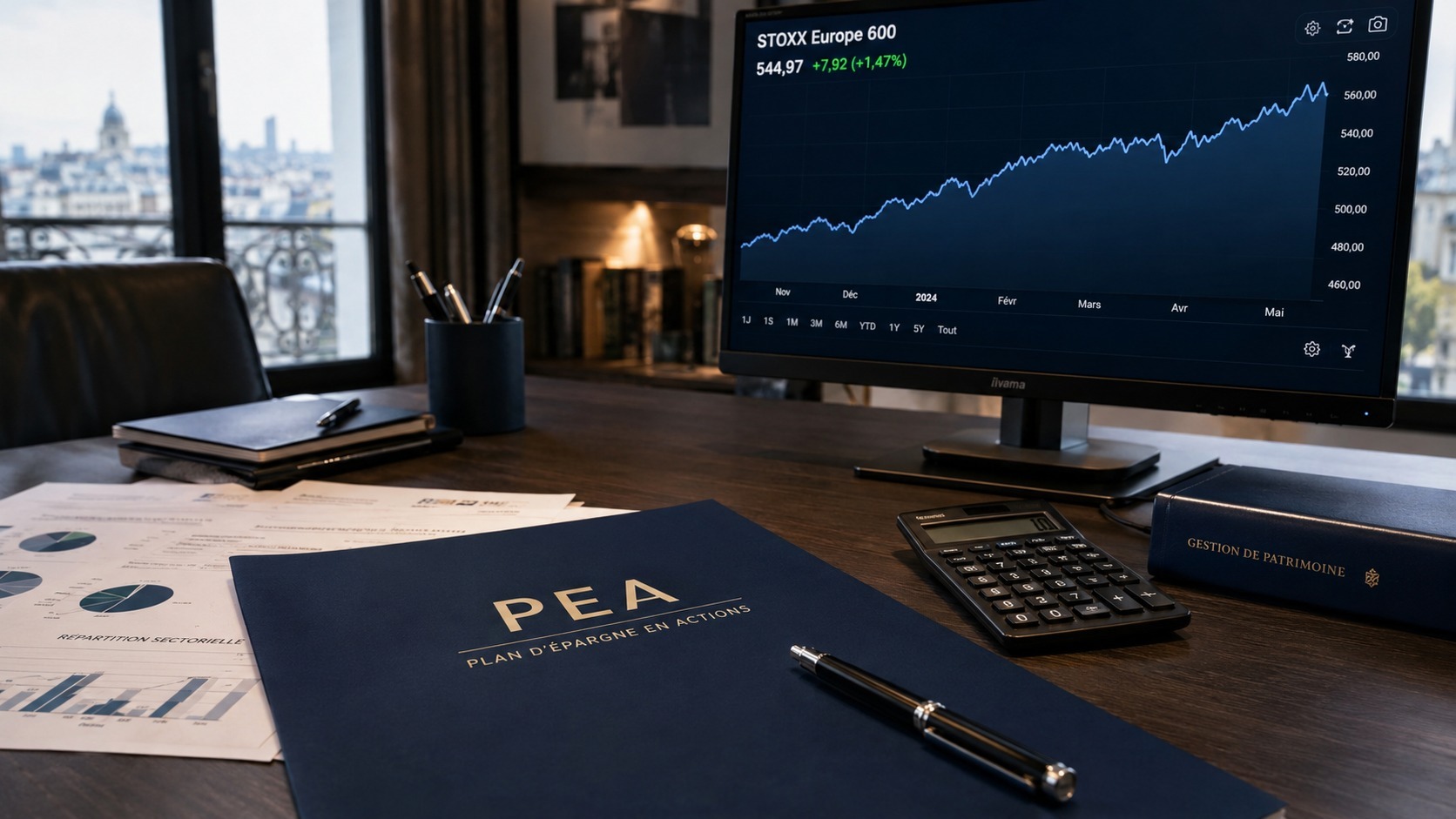 Bureau de conseiller en gestion de patrimoine avec écran de bourse et dossier PEA
