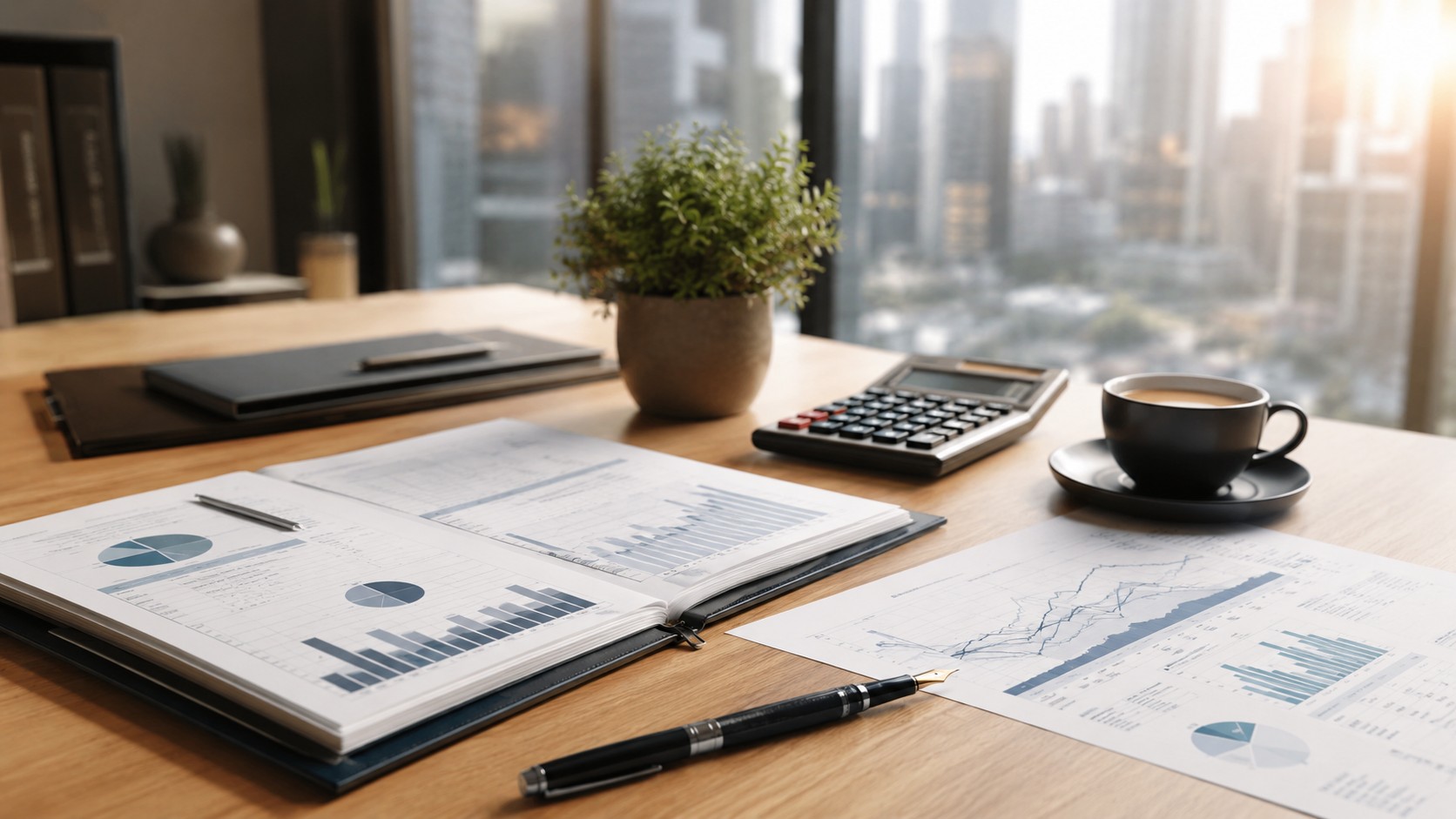 SCPI en assurance-vie : bureau de gestion de patrimoine avec graphiques et calculatrice