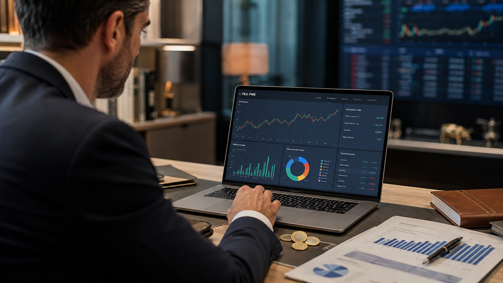Investisseur consultant un tableau de bord PEA-PME dans un bureau de gestion de patrimoine