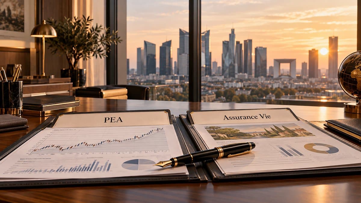 Dossiers PEA et assurance vie sur bureau de cabinet de gestion de patrimoine, vue sur la Defense au coucher du soleil