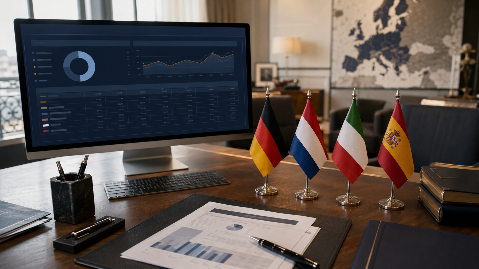 SCPI europeennes : bureau d'un CGP avec drapeaux Allemagne, Pays-Bas, Italie, Espagne et tableaux de rendements