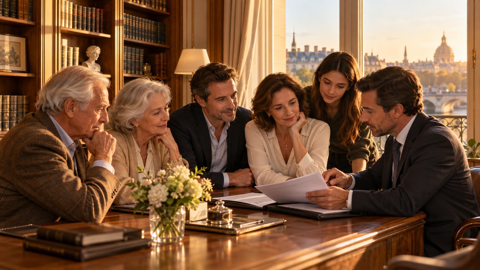 Famille de trois generations avec gestionnaire de patrimoine etudiant la clause beneficiaire demembree d'une assurance vie
